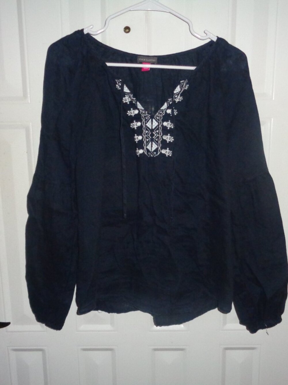 Vince Camuto Navy Blue Long Sleeve Peasant Blouse Shirt Embroidered Shirt Medium